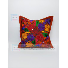 Cojín De Chiapas Bordado De Flores Color Rojo 