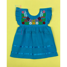 Vestido Bordado de niña modelo Julia, Color Azul Turquesa,Talla 1.